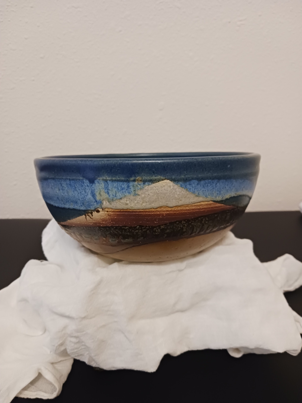 Studio Pottery Southwestern Scenic Glaze Bowl Earthy Tones Textured Signed
